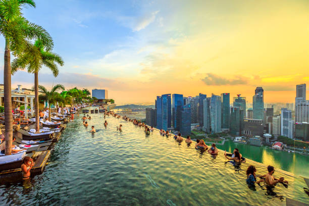 Singapore - May 3, 2018: Infinity Pool at sunset of Skypark that tops the Marina Bay Sands Hotel and